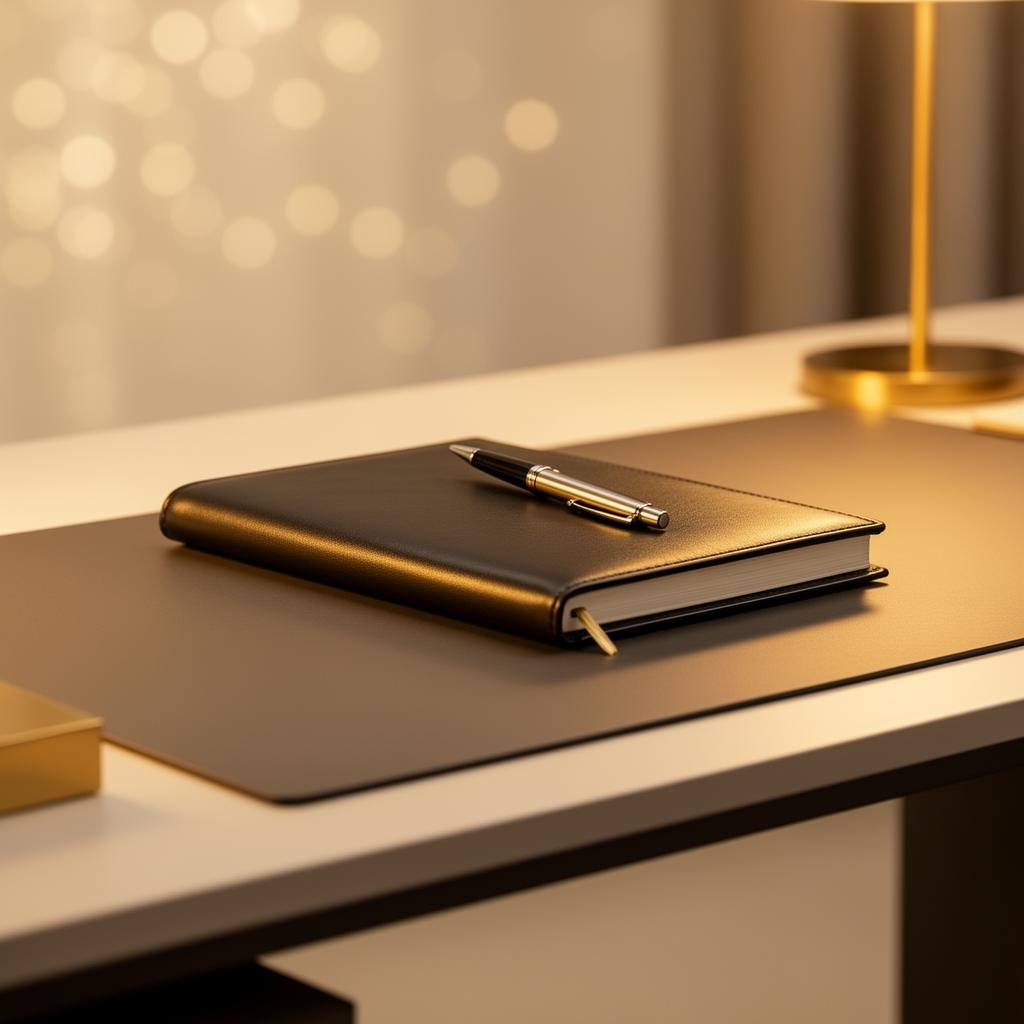 Agenda e caneta em uma mesa de trabalho